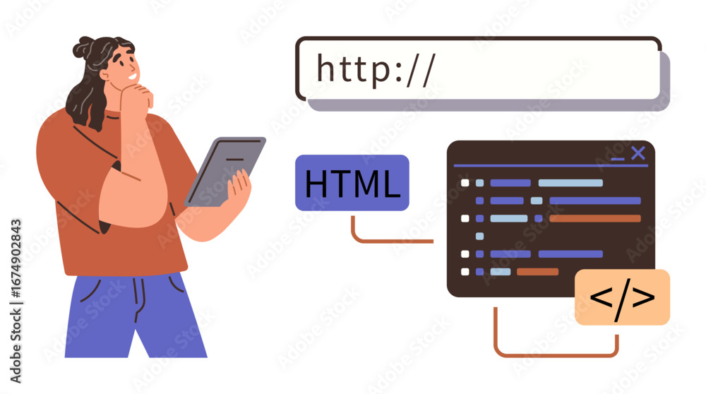 Poster woman holding tablet thinking, web address bar, html tag, and coding interface. ideal for web design