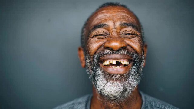Joyful elderly man with gray hair, beard, and missing tooth smiling warmly, facial hair highlighting joyful expression against dark background