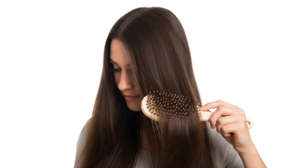 Serene brunette brushing her flowing locks with a focused gaze on a white backdrop fostering a calm and meticulous grooming ritual atmosphere