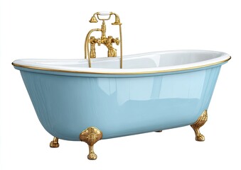 Light-blue claw-foot bathtub with gold fixtures