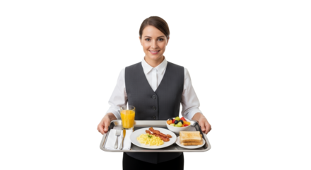 Smiling professional waitress presenting a nutritious breakfast tray with orange juice and fresh fruits, ready for serving to hotel guests with