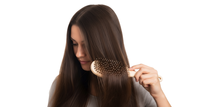 Serene brunette brushing her flowing locks with a focused gaze on a white backdrop fostering a calm and meticulous grooming ritual atmosphere