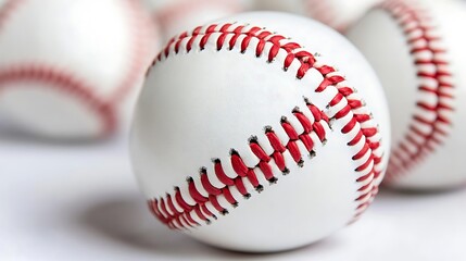 Closeup Shot of White Leather Baseballs with Red Stitching Details, Macro View