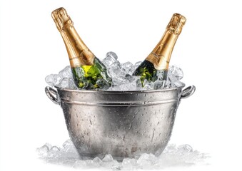 Two champagne bottles in a metal ice bucket