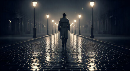 Man Walking Down Wet Street at Night in the Rain