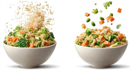 Two bowls of quinoa with vegetables, showing ingredients being added