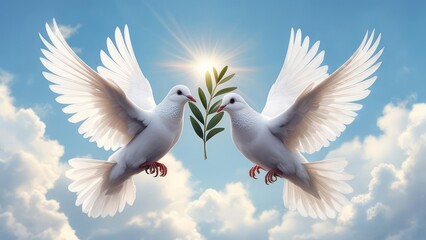 Obraz premium Two White Doves of Peace with Olive Branch, Soaring in Sunlight Sky