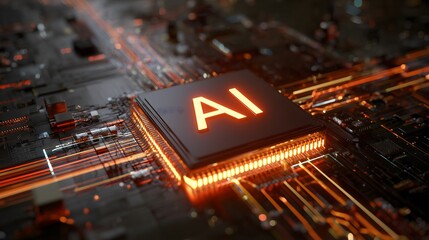 Artificial intelligence AI microchip with glowing orange circuits on futuristic circuit board, concept of machine learning, innovation, and advanced technology