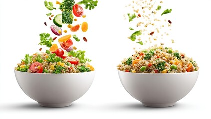 Two white bowls of vibrant vegetable salad, quinoa-based, with ingredients in mid-air