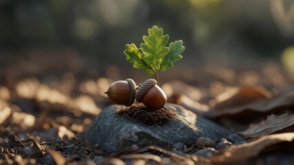 Hopeful Beginnings: Backlit Oak Sapling Growing from Two Acorns on a Forest Stone.