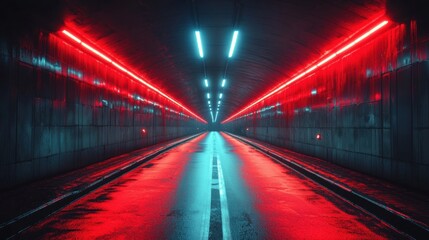 Wet City Tunnel at Night with Neon Red and Blue Lights