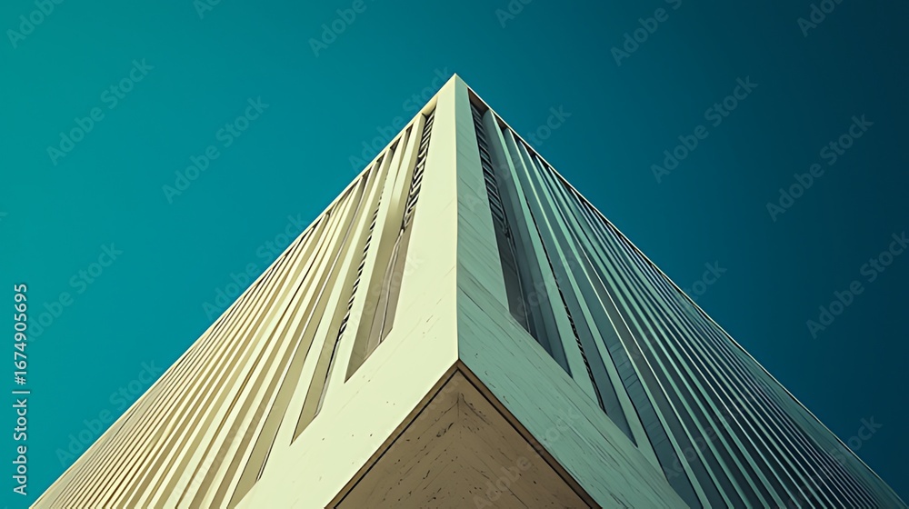 Wall mural low-angle shot of modern angular building under clear deep teal sky, vertical elements show linear p