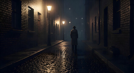 Mysterious Man in Trench Coat Walking Down Rainy Alley at Night