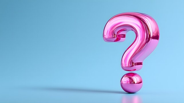 Shiny metallic pink question mark standing on blue background, concept of doubt, curiosity, uncertainty, problem solving, and modern abstract design