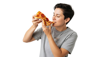 Woman indulging in a delicious slice of pepperoni pizza on an isolated bright background moment of culinary joy and tasty food experience