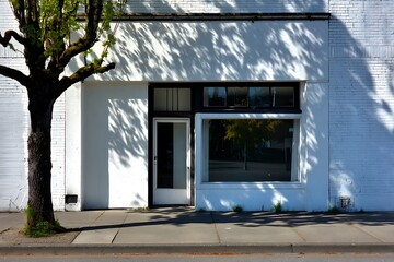 Empty Storefront with Large Windows and Tree Shadows Casting Patterns on Facade