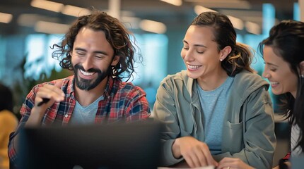 Joyful team members share a laugh in a modern office setting, fostering a positive and collaborative work environment. horizontal video