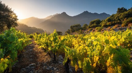 Naklejka premium Vineyard Landscape with Mountains and Sunlight