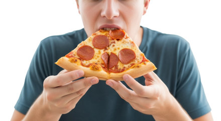 Eating delicious pepperoni pizza, person enjoying a slice of pizza with a cheesy crust on white backdrop, showcasing a satisfying culinary indulgence