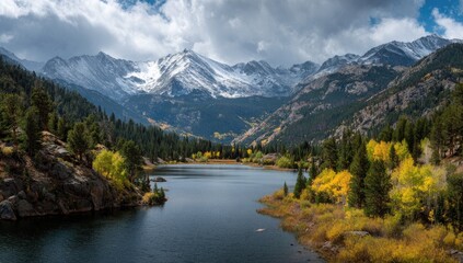 Autumnal lake nestled in a snow-capped mountain valley