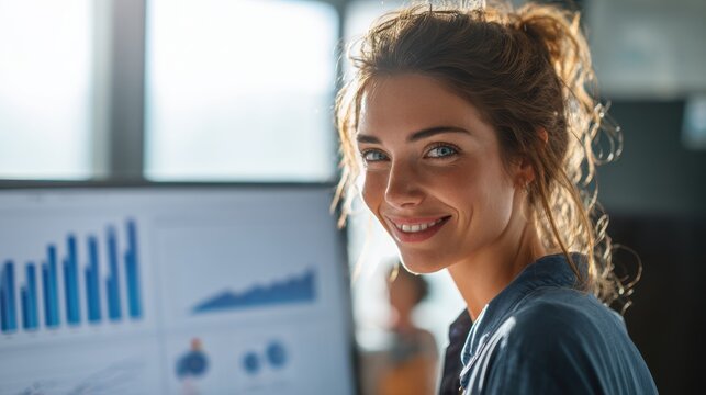 Woman Smiling Beside Computer Screen with Charts - Powered by Adobe