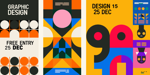 Modern graphic design posters featuring bold geometric shapes and vibrant colors