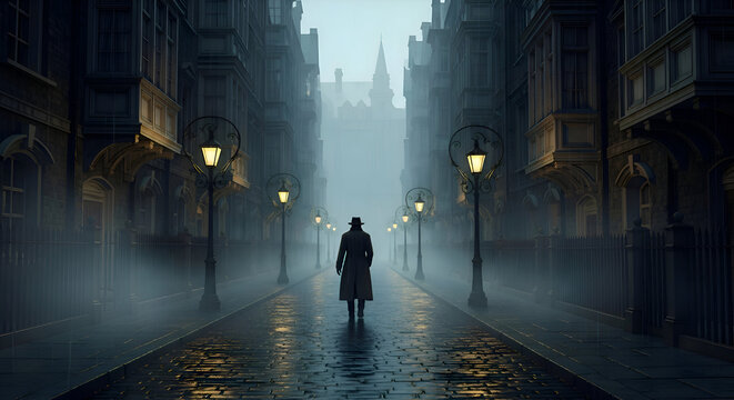 Man Walking Down Foggy Victorian Street at Night