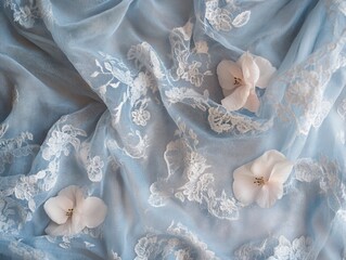 Elegant Composition of White Flowers on Delicate Blue Lace Fabric