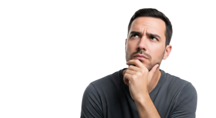 Contemplative adult in thoughtful reflection against a stark white backdrop ideal for conceptual design projects and marketing related campaigns