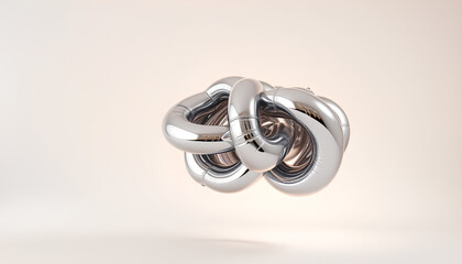 Abstract 3D balloon sculpture with metallic chrome texture, twisted shapes floating on soft gradient background, modern art concept