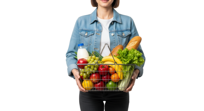 Woman carrying a wire basket overflowing with fresh groceries against a seamless white backdrop displaying healthy and nutritious choices