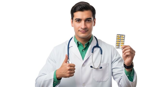 Confident Doctor Giving Thumbs Up and Holding Pills Against White Background for Healthcare Industry - Powered by Adobe