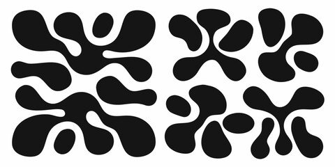 Abstract organic shapes in a repeating pattern with black blobs on a white background