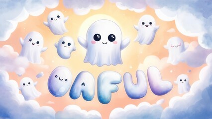 Adorable "DAFUL" Halloween Ghosts Floating in Watercolor Sky, Cute Illustration.