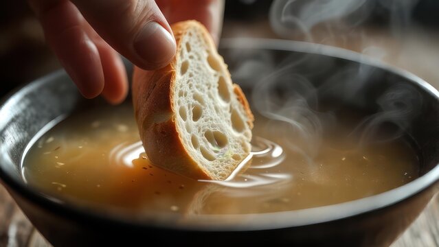 Close-up of a crusty bread slice being dipped into steaming broth, evoking warmth and comfort.