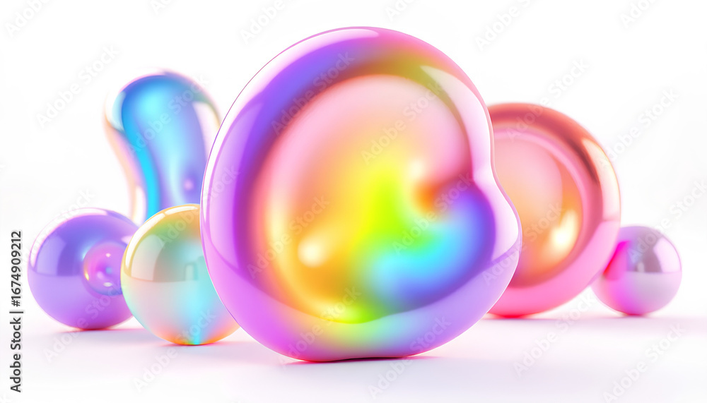 Fototapete abstract 3d inflated shapes in playful forms, chrome rainbow gradients, rendered with soft shadows a