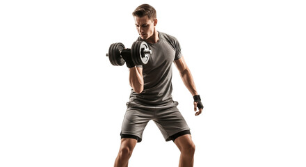 Focused athlete lifting dumbbell with determination against a bright white background emphasizing strength and fitness pursuit of optimal physical