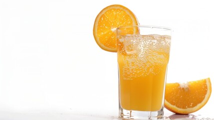 Bright Summer Beverage Close-Up: Fresh Orange Juice in Cup with White Background & Organic Oranges