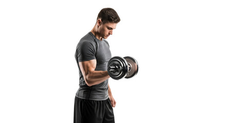 Muscular man concentrating on bicep curls, showcasing strength and determination for fitness goals and healthy lifestyle, isolated on white background