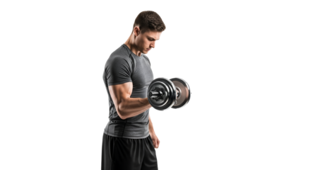 Muscular man concentrating on bicep curls, showcasing strength and determination for fitness goals and healthy lifestyle, isolated on white background