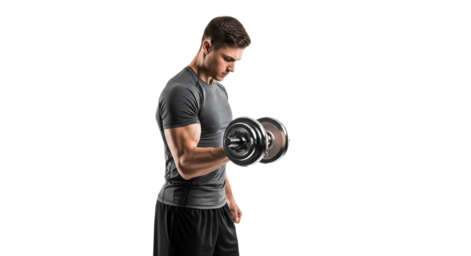 Muscular man concentrating on bicep curls, showcasing strength and determination for fitness goals and healthy lifestyle, isolated on white background