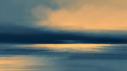 Fototapeta premium Minimal abstract seascape at golden sunrise with misty clouds and reflective water, horizontal painterly ocean horizon in deep blue and warm amber tones, tranquil modern background.