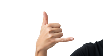 Hand gesture demonstrating the 'hang loose' or 'shaka' sign against clean white backdrop signaling calmness and connection