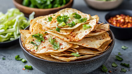 Crispy cabbage chips topped with chili flakes and fresh herbs create delightful snack