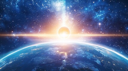 Obraz premium Earth with Sunrise and Starry Sky Universe Space Sci - fi Scene Material