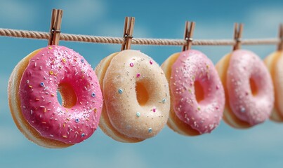 Colorful donuts hanging on a clothesline against a bright blue sky.