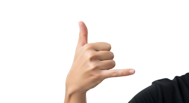 Hand gesture demonstrating the 'hang loose' or 'shaka' sign against clean white backdrop signaling calmness and connection