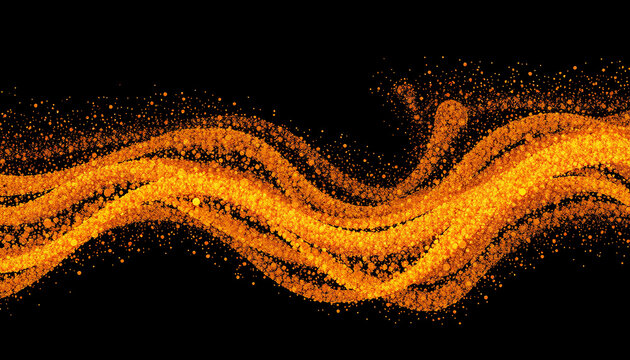 Abstract composition of golden particles arranged in wave formations, black and amber tones, elegant depth and movement