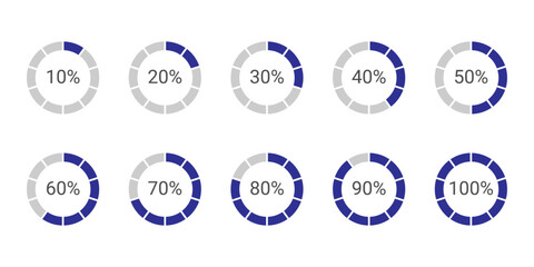 Infographic circle with percentage 0 to 100 loading progress interface in blue color vector design. 5 10 15 20 25 30 35 40 45 50 55 60 65 70 75 80 85 90 95 percent loading circle collection.