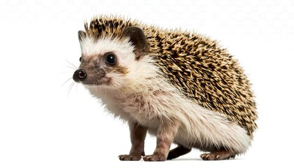 A hedgehog in profile view against a white background